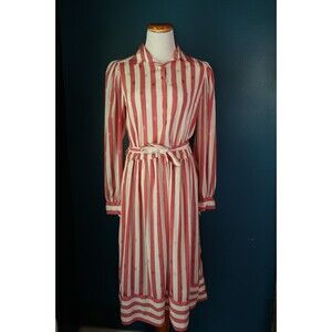 Vintage Liz Claiborne Dress Pink Polka Dots Stripped Belt Button Retro Pin Up 10
